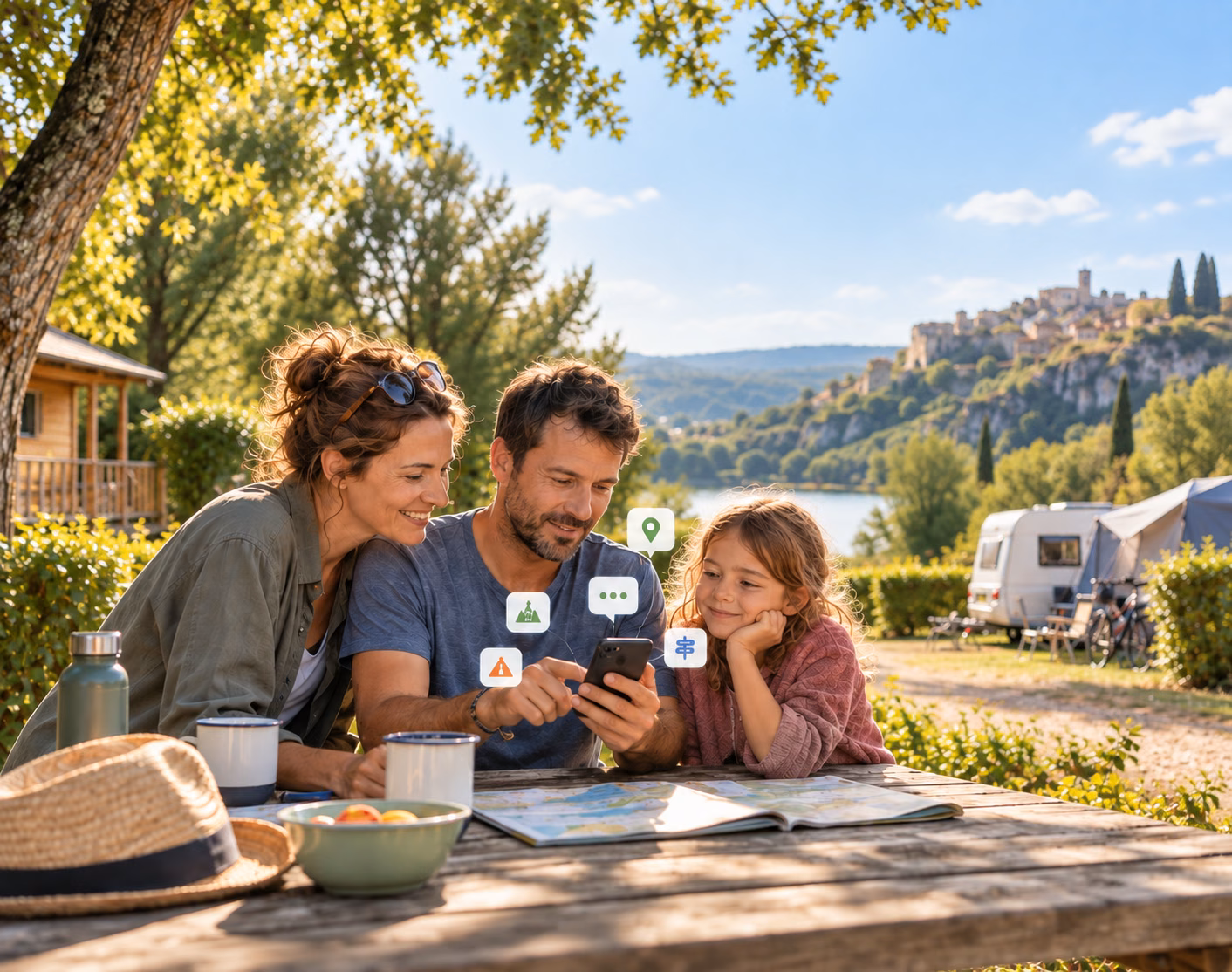 Famille en camping utilisant un assistant IA sur smartphone pour préparer son séjour et découvrir les activités locales