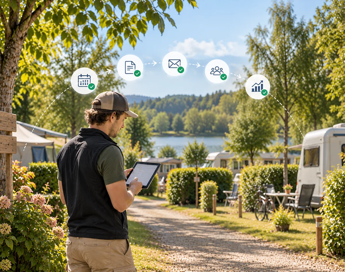 Gestionnaire de camping utilisant une tablette pour automatiser les tâches de gestion quotidienne