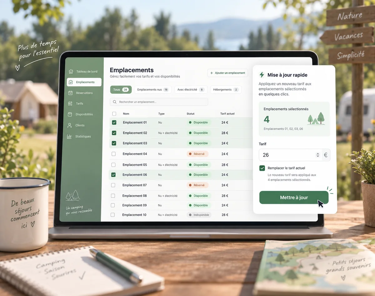 Interface de gestion des tarifs et disponibilités des emplacements d’un camping