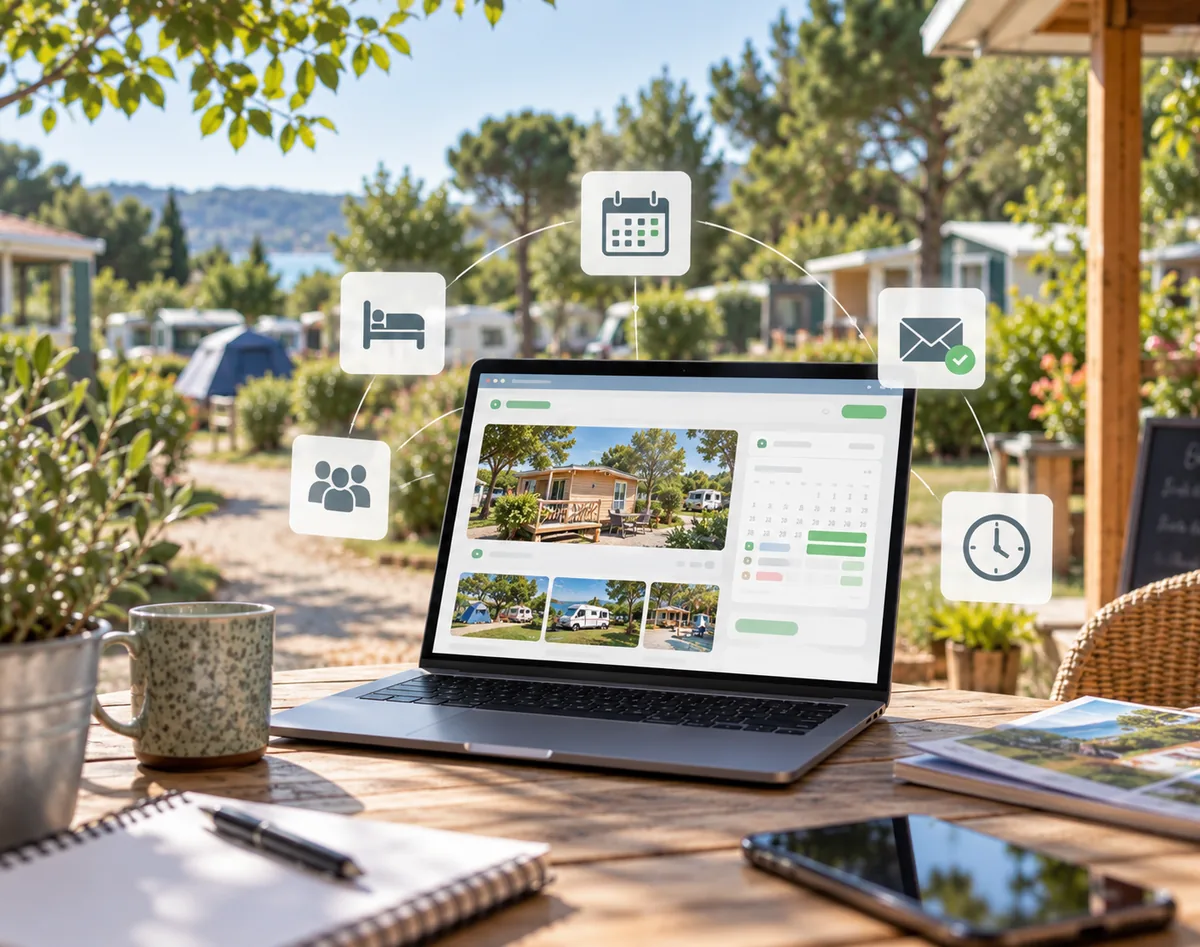 Interface de gestion DIRECT HPA pour un camping avec réservations, calendrier, hébergements et communications centralisés