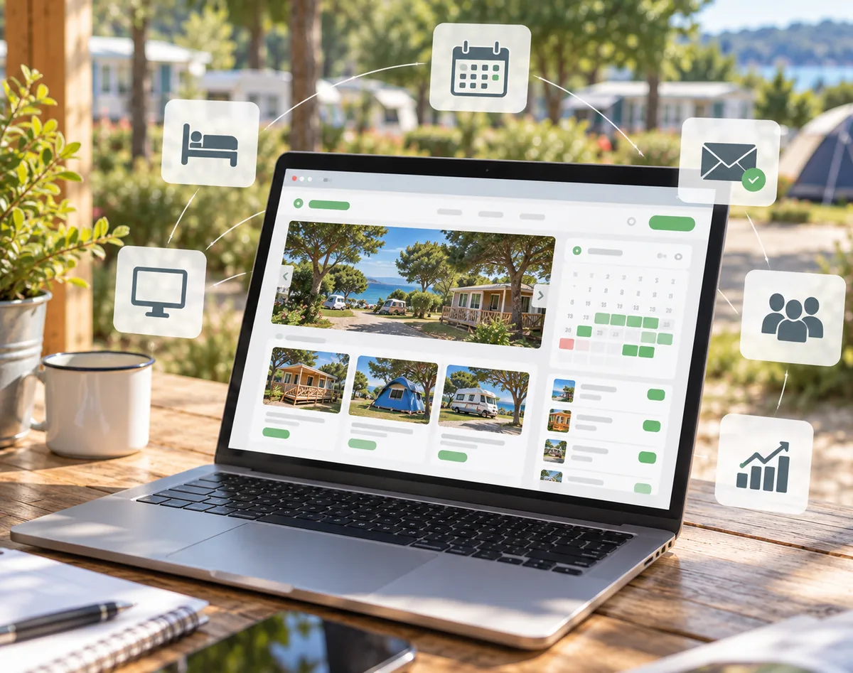 Site de camping avec réservations, calendrier, hébergements et communications pour développer le canal direct