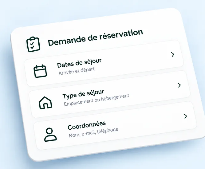 Formulaire de demande de réservation camping avec dates de séjour, type de séjour et coordonnées