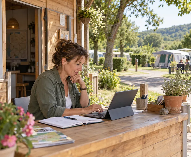 Gestionnaire d’un petit camping travaillant sur les réservations directes depuis l’accueil de son établissement