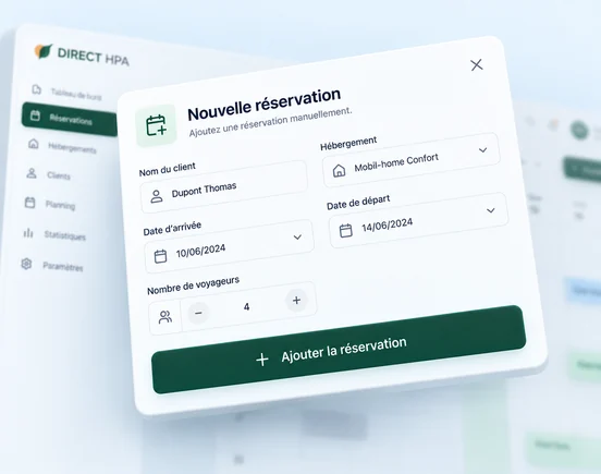Formulaire DIRECT HPA pour ajouter manuellement une nouvelle réservation de camping avec dates, hébergement et voyageurs