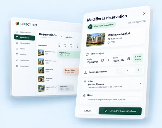 Interface DIRECT HPA pour modifier une réservation de camping avec dates du séjour, client et nombre de personnes