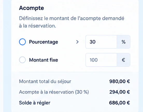 Interface DIRECT HPA pour définir un acompte de réservation en pourcentage ou en montant fixe pour un séjour en camping