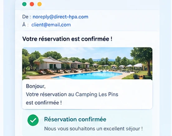Confirmation de réservation DIRECT HPA envoyée au client après validation d’un séjour en camping