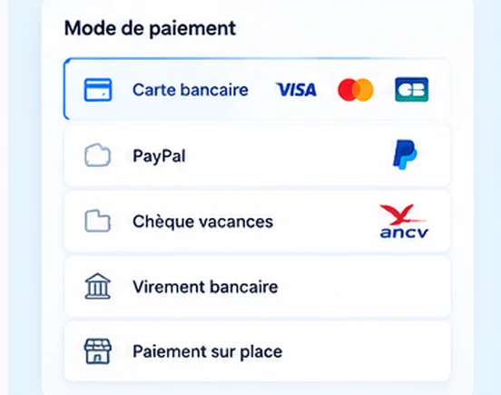 Interface DIRECT HPA présentant les modes de paiement disponibles pour une réservation de camping