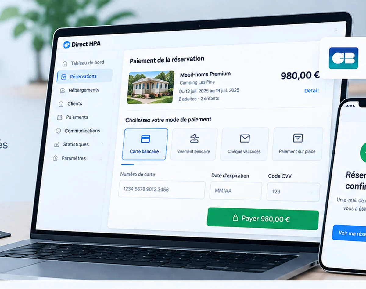 Interface DIRECT HPA de paiement d’une réservation de camping avec choix du mode de règlement et validation du séjour