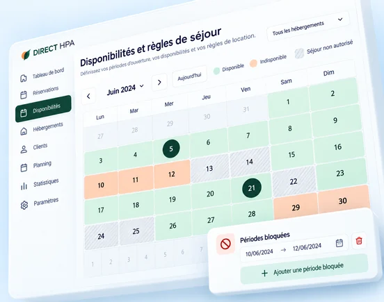Interface DIRECT HPA pour bloquer des périodes et gérer les disponibilités des hébergements d’un camping