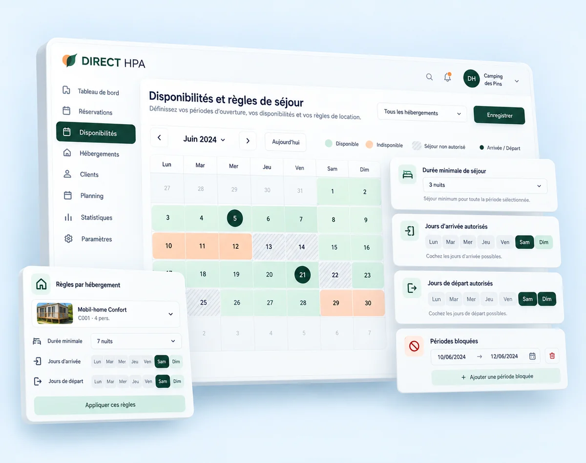 Interface DIRECT HPA pour gérer les disponibilités, durées de séjour et règles de réservation d’un camping