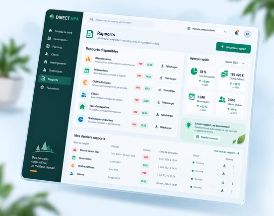 Interface DIRECT HPA pour générer et télécharger des rapports de réservations, revenus, clients et occupation d’un camping