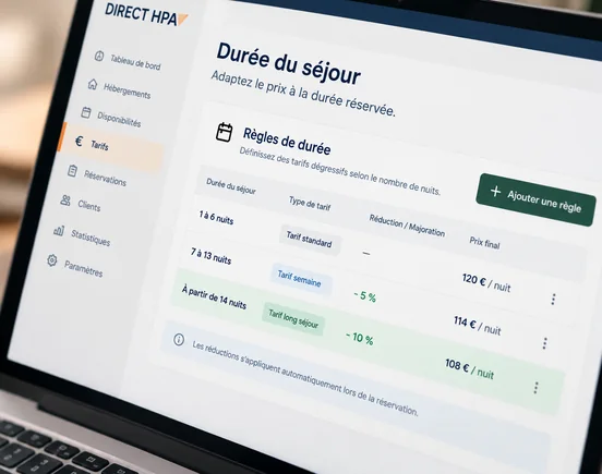 Interface DIRECT HPA pour définir des tarifs de camping selon la durée du séjour