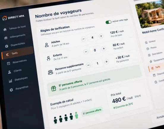 Interface DIRECT HPA pour adapter le tarif d’un séjour au nombre d’adultes et d’enfants
