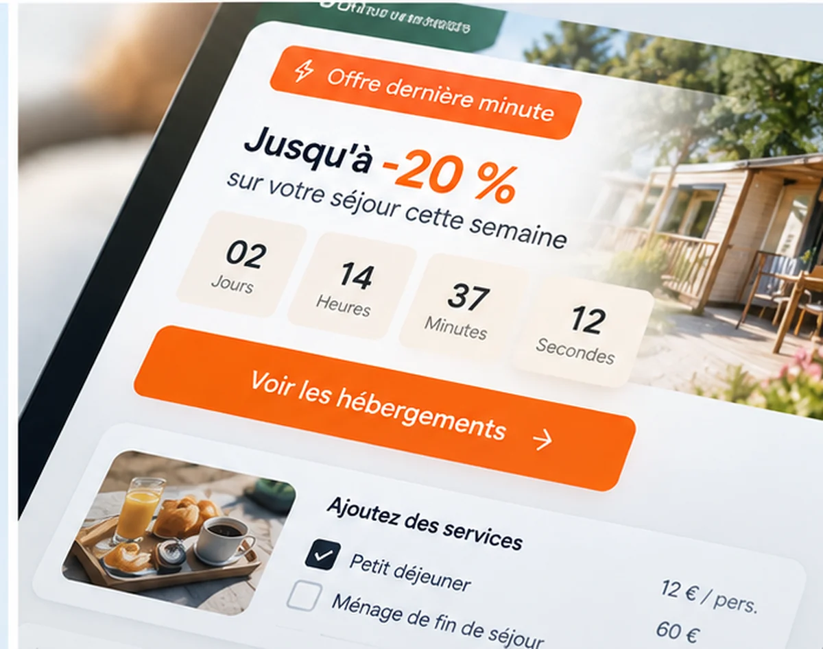 Interface DIRECT HPA présentant un tarif de dernière minute avec réduction et services complémentaires pour un séjour en camping