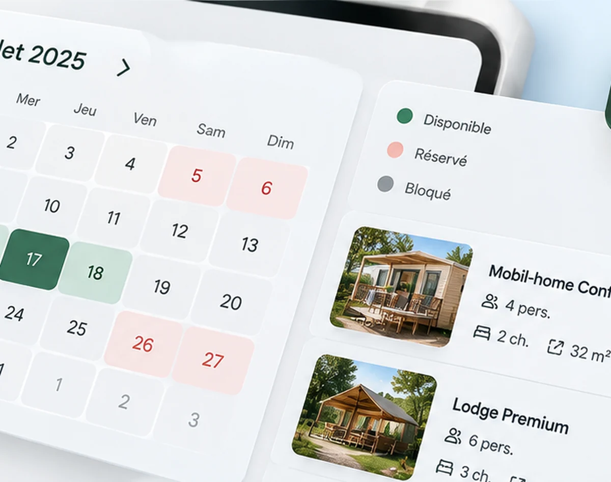 Interface DIRECT HPA présentant un calendrier de disponibilités avec les états disponible, réservé et bloqué pour les hébergements d’un camping