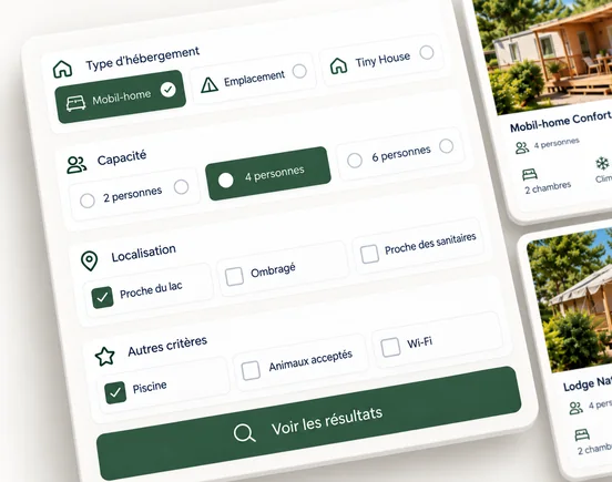 Interface DIRECT HPA avec filtres de recherche pour affiner le choix d’un hébergement de camping