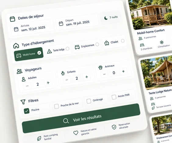 Interface DIRECT HPA de recherche de séjour avec dates, type d’hébergement, voyageurs et filtres pour un camping
