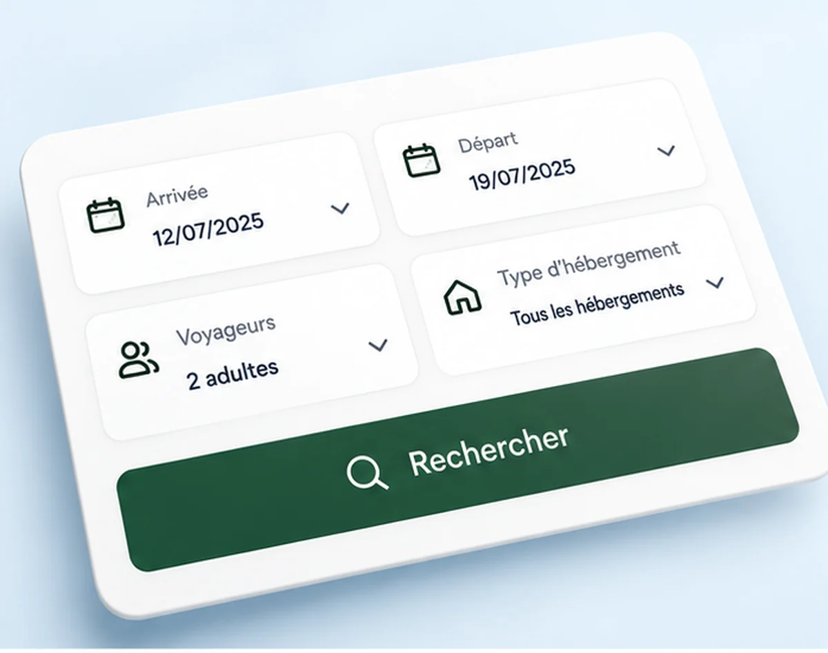 Interface DIRECT HPA du moteur de recherche de séjour avec dates, voyageurs et type d’hébergement pour un camping