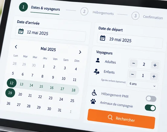Interface DIRECT HPA pour rechercher un séjour de camping selon les dates et le nombre de voyageurs