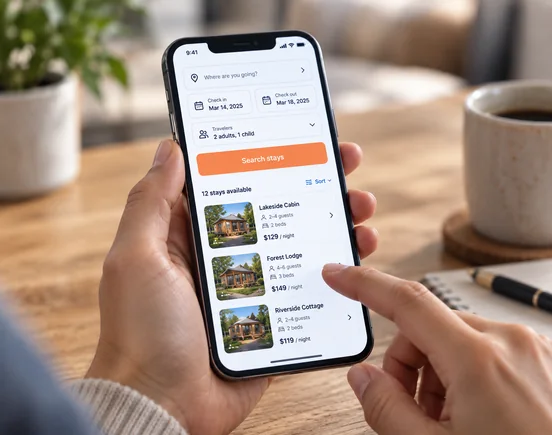 Interface mobile DIRECT HPA pour rechercher un séjour et consulter les hébergements disponibles