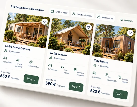 Interface DIRECT HPA affichant les résultats de recherche de plusieurs hébergements de camping
