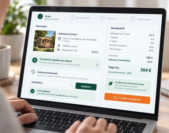 Interface DIRECT HPA permettant d’appliquer un code promotionnel et une réduction à une réservation de camping