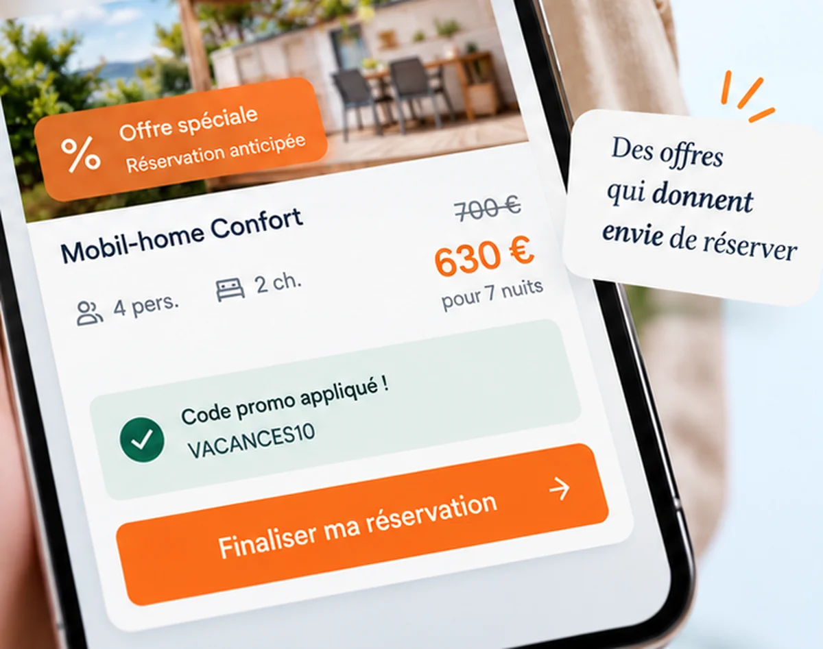 Interface DIRECT HPA affichant une offre promotionnelle et un code promo appliqué à la réservation d’un mobil-home