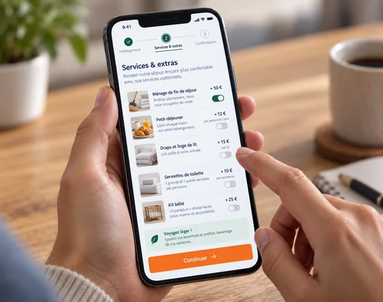 Interface mobile DIRECT HPA permettant d’ajouter des services et extras à une réservation de camping