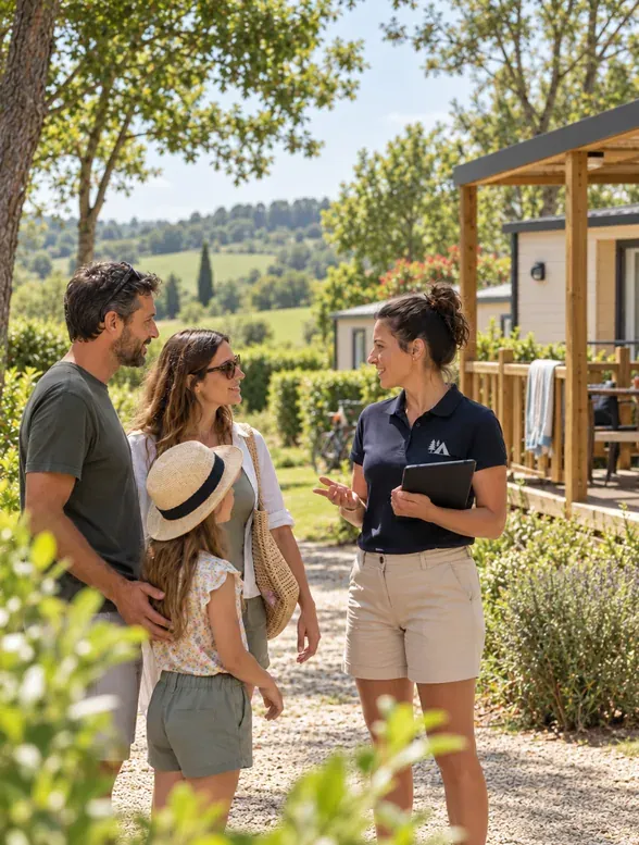 Gérante de camping échangeant avec une famille devant des mobil-homes